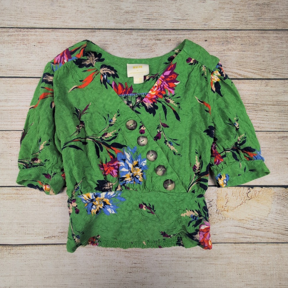 Maeve by Anthropologie‎ Green Floral Print Button Front Peplum Blouse Size 0